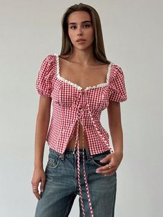 New Stylish Bow-Tie Plaid Printed Square Collar Lace Decor Fitted Blouse Red Casual  Short Sleeve Polyester Colorblock,Gingham,Plaid Top Non-Stretch  Women Clothing, size features are:Bust: ,Length: ,Sleeve Length: Red Gingham Outfit, Bow Top Outfit, Bow Tops Outfit, Gingham Shirt Outfit, Red Gingham Top, Gingham Outfit, Bow Tie Top, Rush Outfits