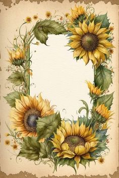 a painting of sunflowers and leaves with a white frame in the middle on an old paper background