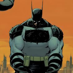 a batman standing in front of a cityscape with his hands on his hips