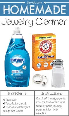 a poster with instructions on how to use dishwasher detergent for home made jewelry cleaner