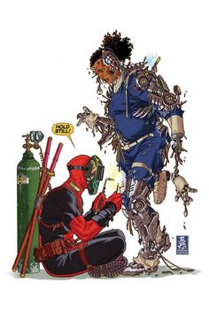 a drawing of a deadpool character and a man with skis sitting on the ground