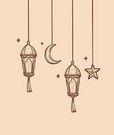 three lanterns hanging from strings with stars and the moon in the sky above them, on a beige background