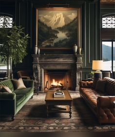 a living room filled with furniture and a fire place in front of a painting on the wall