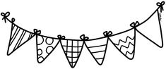 a black and white line drawing of bunting flags with hearts, bows and bowes