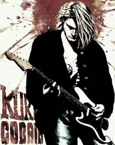 a man with long hair holding a guitar in front of a grungy background