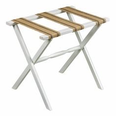 a wooden and white folding stool with stripes on the seat pad, isolated against a white background