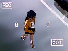 an animated image of a woman running down the street