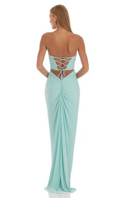 Cowl Neck Mermaid Maxi Dress in Blue | LUCY IN THE SKY Blue Ruched Backless Maxi Dress, Strapless Blue Dress With Corset Back, Blue Fitted Corset Dress For Gala, Blue Corset Dress With Ruched Bodice For Prom, Blue Sleeveless Dress With Zipper Closure, Tiffany Blue Prom Dress, Aqua Prom Dress, Tiffany Blue Dress, Themed Prom Dresses