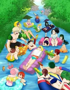 some cartoon characters are floating on inflatable rafts and having fun with each other