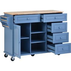 a blue kitchen island with drawers on wheels