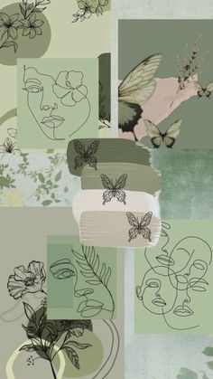 a collage of different images with flowers and butterflies on them, including one woman's face