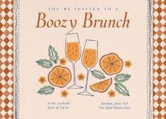 an orange and white gingham themed brunch party card with the words boozy brunch on it