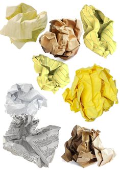 four different types of crumpled paper on a white background