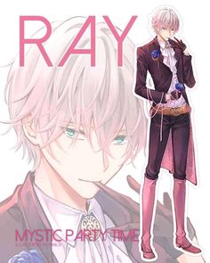 an anime character with white hair and blue eyes is standing in front of the words ray