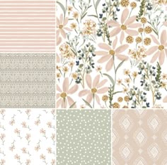 four different patterns with flowers and dots on them, all in shades of pinks