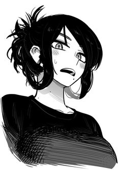 a drawing of a woman with black hair and an angry look on her face, looking at the camera