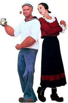 a man and woman standing next to each other while holding cans of canned food in their hands