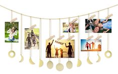 family photos hanging on a string with gold circles and wooden pegs attached to it