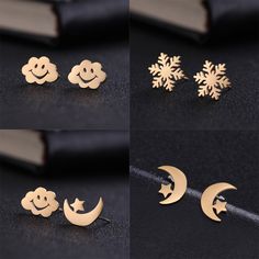 Moon Earrings For Teen, Elegant Moon-shaped Earrings For Gift, Snowflake Butterfly, Hypoallergenic Moon-shaped Earrings For Gift, Star-shaped Moon Charm Earrings For Gift, Minimal Gold Jewelry, Snowflake Earrings Studs, Cross Pendant Men, Butterfly Animal