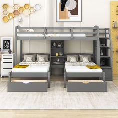 the bunk beds are made up in different styles and colors, but each bed has its own storage compartment