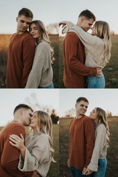 a man and woman hugging each other in the middle of four different pictures, one is holding