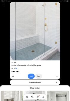 an image of a bathroom with white tile and gold fixtures on the shower door frame