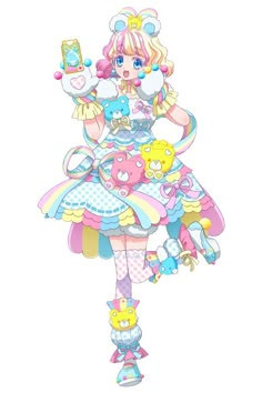 a cartoon girl in a colorful dress holding a teddy bear and wearing an animal hat