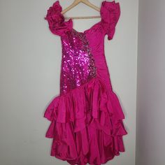 Vintage 80s Alyce Designs Pink Satin Sequin Prom Dress Size 8 Good Vintage Condition. Some Discoloration Under Arms. There Is A Tear On One Of The Poofs Possibly Can Be Repaired Or Just Cut That Part Off. A Couple Sequins Missing. Please Review All Pics For Condition Approx Measurements:16 In Pit To Pit, 14in Waist, 54in Total Length This Item Is Vintage And Therefore Occasionally May Have Some Minimal Wear Consistent With Their Age. Items Are Described As Honestly And Accurately As Possible And 80s Pink Prom Dress, 80 Prom Dresses 1980s, 80s Prom Dress Costume, Dresses 1980s, 80s Prom Dress, 80's Fashion, 80s Prom, Pink Prom Dress, Sequin Prom Dress