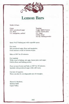 the menu for lemon bars is shown in red