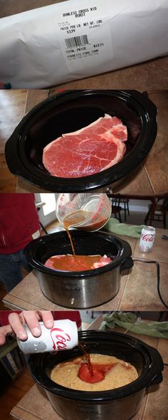 three pictures showing how to make slow cooker steaks