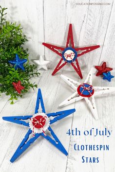 four red, white and blue stars with the text 4th of july clothespin stars