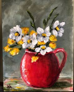 a painting of white and yellow flowers in a red pitcher on a table with gray background