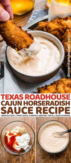 a person dipping sauce on top of chicken wings in a bowl with the words texas roadhouse cajun horseradish sauce recipe