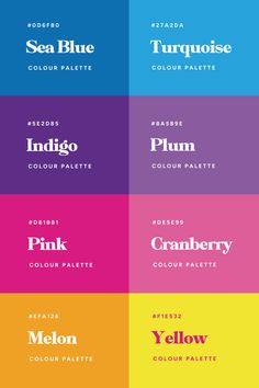 six different color palettes for each type of font and numbers, including the names