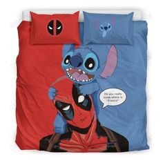 a bed with two cartoon characters on it and one is wearing a deadpool mask