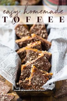 easy homemade toffee recipe in a metal pan on a wooden table with text overlay