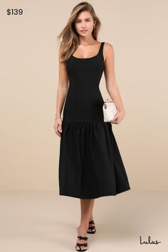 Charming yet elevated, the Rare London Elegant Influence Black Sleeveless Drop Waist Midi Dress is an effortless pick! This classic dress has a midweight woven fabrication that shapes a flattering scoop neckline and back, supported by slender straps. Princess seams adorn the figure-skimming silhouette as it falls to an A-line skirt with a trendy drop waist design. Chic midi hem completes the look. Hidden back zipper/clasp. Fit: This garment fits true to size. Length: Mid-calf length. Size medium Princess Seams, Classic Dress, Princess Seam, Black Sleeveless, Drop Waist, Dress 100, A Line Skirt, Scoop Neckline, Mid Calf