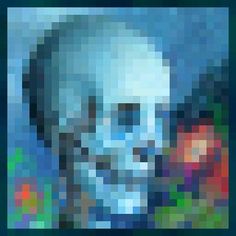 an abstract image of a skull in blue and green with the face of a man