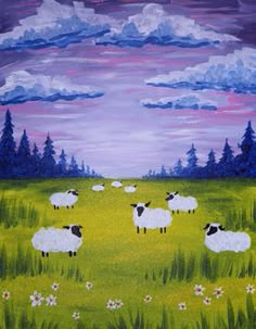 a painting of sheep grazing in a field with trees and clouds above the grass on a cloudy day