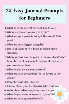 a pink background with the words 25 easy journal prompts for beginners