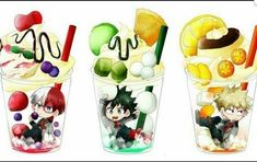 three cups filled with different types of ice cream and fruit toppings on top of each other