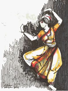 a drawing of a woman dancing with her arms raised in the air and wearing an orange dress