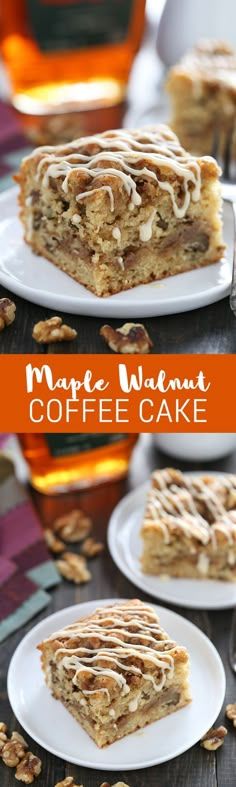 two pieces of coffee cake sitting on top of white plates next to each other with the words maple walnut coffee cake