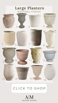 large planters are shown in different colors and sizes with the words, click to shop