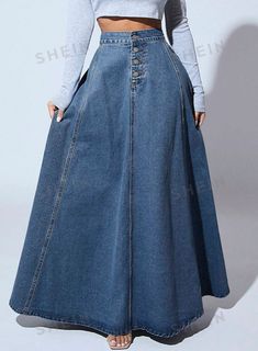 High-waisted Non-stretch Skirt With Button Closure, Non-stretch High-waisted Skirt With Button Closure, High Waist Non-stretch Button Skirt, Non-stretch High Waist Denim Skirt With Button Closure, High Waist Denim Blue Skirt With Button Closure, Non-stretch Denim Skirt With Button Closure, Denim Blue High Waist Skirt With Button Closure, High-waisted Buttoned Denim Skirt, High Waisted Denim Skirt With Buttons