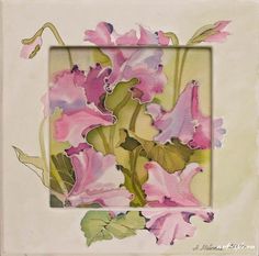 a painting of pink flowers in a white frame