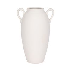 a white vase with two handles on the top and bottom, sitting against a white background