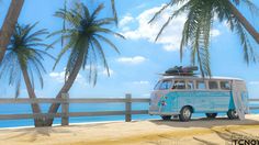 a vw bus parked on the beach with surfboards on top