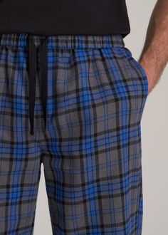 About Our Tall Men's Plaid Flannel Pajamas Get the best night's sleep in our pajama pants for tall men. Having a pair of PJs that fits is crucial to getting a good night's sleep – it can be hard to relax when your pants are too short or the fit is too baggy. That's where we come in. We designed these tall men's pajamas specifically for guys between 6' and 7'1” so that you can finally get the rest you've been looking for. These pajama pants have an extra-long inseam that will reach all the way pa Mens Black Pj Pants, Blue Plaid Pajama Pants, Plaid Relaxed Fit Sleepwear, Plaid Pajama Pants Men, Plaid Pj Pants Mens, Men's Pajamas, Mens Flannel Pajamas, Mens Plaid Flannel, Plaid Pajama