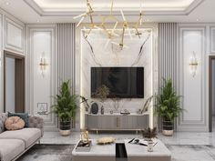 the living room is decorated in white and gold